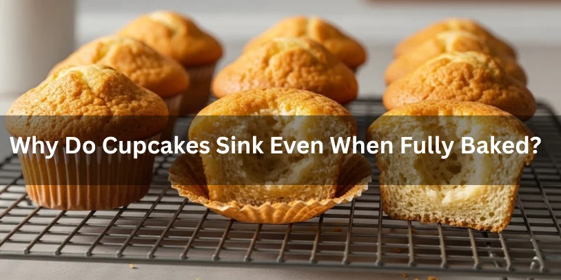 Golden brown cupcakes on a cooling rack; one has a sunken center. Text overlay asks why cupcakes sink when fully baked, suggesting curiosity.-why are my cupcakes sinking 