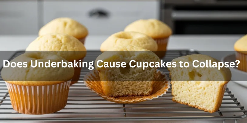 Cupcakes on a cooling rack with one cut open, showing a sunken center. Text overlay asks, "Does Underbaking Cause Cupcakes to Collapse?"-why are my cupcakes sinking 
