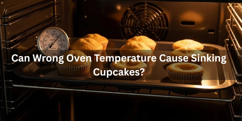 Alt text: "Tray of unevenly baked cupcakes in an oven with a visible thermometer. Text overlay asks if wrong oven temperature causes sinking cupcakes."-why are my cupcakes sinking