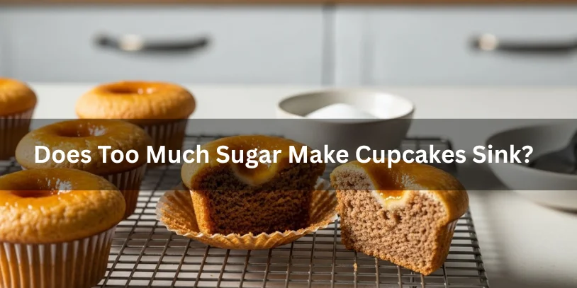 A tray of cupcakes, some sunken, on a cooling rack with the question "Does Too Much Sugar Make Cupcakes Sink?" overlaid, suggesting a baking issue.-why are my cupcakes sinking 