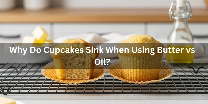 Two cupcakes sit on a cooling rack in a kitchen. One is sunken, the other not, illustrating the text: "Why Do Cupcakes Sink When Using Butter vs Oil?"-why are my cupcakes sinking 