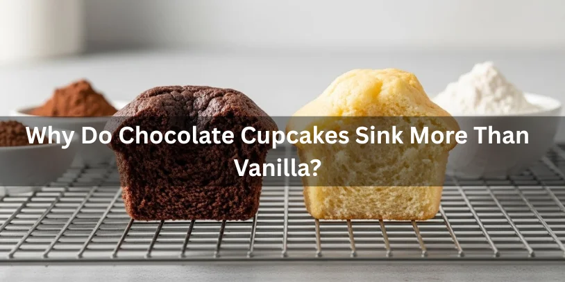 Two cupcakes, chocolate and vanilla, sit side by side on a cooling rack. Background features baking ingredients. Text overlay asks about sinking differences.-why are my cupcakes sinking 