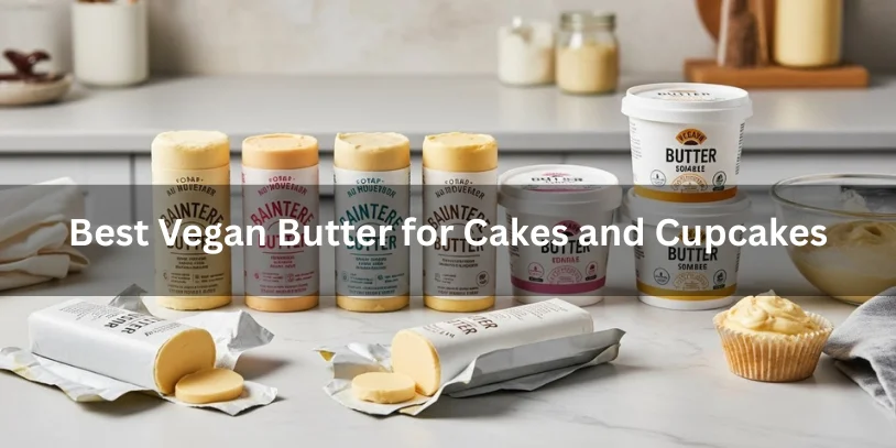Several types of vegan butter sticks and tubs on a kitchen counter, one partially unwrapped with a pat cut, with cake batter and a cupcake liner nearby, realistic food photography showing the best vegan butter for cakes and cupcakes.-best vegan butter for baking 