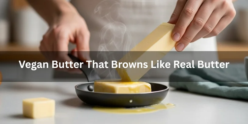 A stick of vegan butter melting and browning in a pan, realistic food photography showing vegan butter that browns like real butter for baking.-best vegan butter for baking 