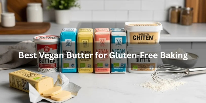 Several types of vegan butter sticks and tubs on a kitchen counter, one partially unwrapped with a pat cut, with gluten-free flour and a whisk nearby, realistic food photography showing the best vegan butter for gluten-free baking.-best vegan butter for baking 
