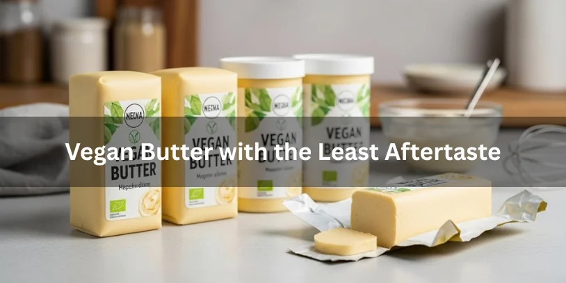 Several vegan butter sticks and tubs on a kitchen counter, one partially unwrapped with a pat cut, realistic food photography showing vegan butter options with the least aftertaste for baking.-best vegan butter for baking 