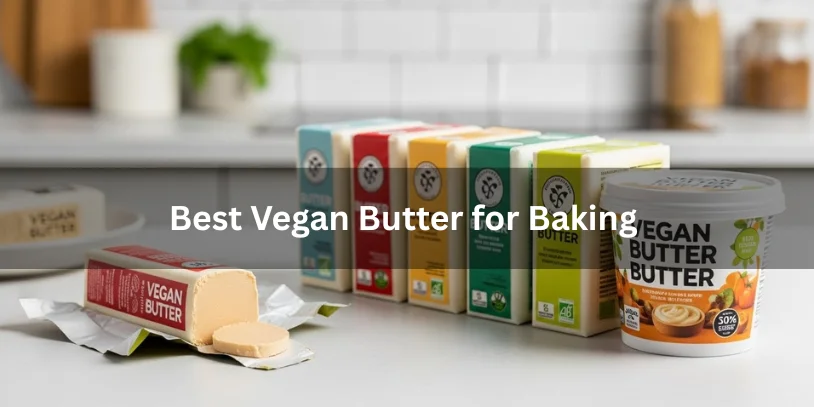 Several types of vegan butter sticks and tubs arranged on a kitchen counter, realistic food photography showing the best vegan butter options for baking-best vegan butter for baking