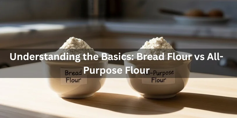Can Bread Flour Be Used for Cookies? 20 Proven Answers for Perfect Cookies Two bowls of flour on a wooden surface, labeled ‘Bread Flour’ and ‘All-Purpose Flour,’ in a minimalistic, realistic style for educational comparison-can bread flour be used for cookies