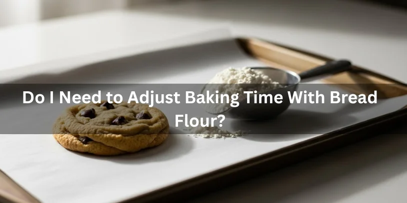 Can Bread Flour Be Used for Cookies? 20 Proven Answers for Perfect Cookies A golden-brown cookie on a baking sheet with a scoop of bread flour nearby, minimalistic and realistic food photography style, illustrating adjusting baking time with bread flour.-can bread flour be used for cookies