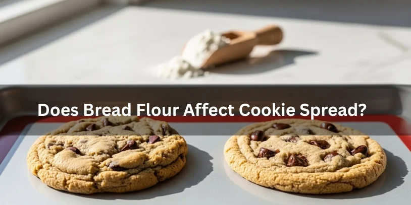 Can Bread Flour Be Used for Cookies? 20 Proven Answers for Perfect Cookies Two cookies side by side on a baking sheet, one thicker and one thinner, with a scoop of bread flour in the background, minimalistic and realistic food photography style illustrating cookie spread differences.-can bread flour be used for cookies