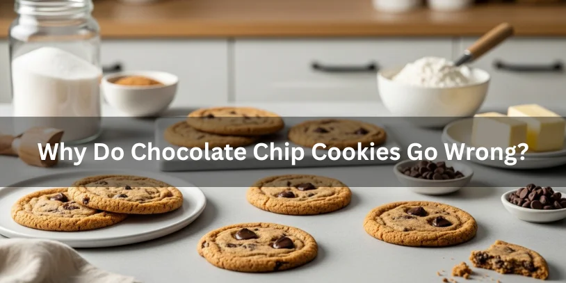 Chocolate Chip Cookie Problems – 5 Troubleshooting Guide by DreamWhip Bakers Chocolate chip cookies on a kitchen counter showing issues like thin, flat, dry, and underbaked centers with uneven chocolate chips and ingredients nearby, realistic food photography explaining why chocolate chip cookies go wrong.-chocolate chip cookie problems