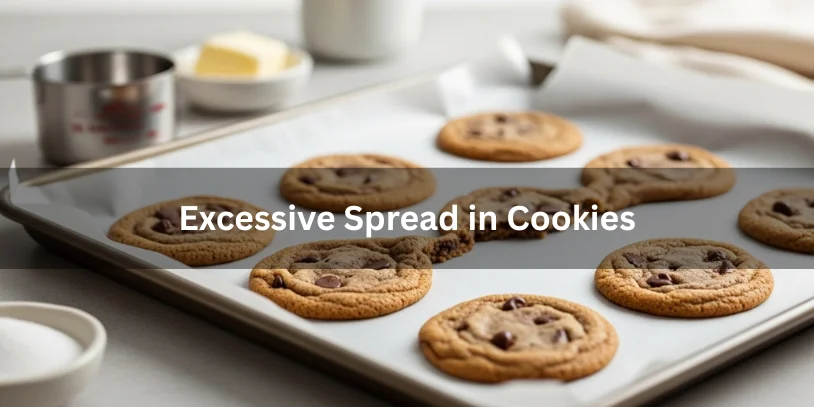 Chocolate Chip Cookie Problems – 5 Troubleshooting Guide by DreamWhip Bakers Chocolate chip cookies on a baking tray spread excessively, thin and flat with crisp edges, realistic food photography illustrating excessive spread in cookies-chocolate chip cookie problems