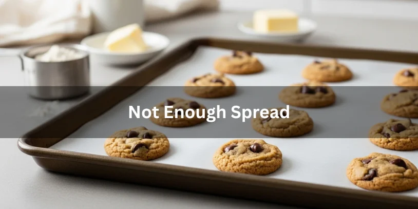 Chocolate Chip Cookie Problems – 5 Troubleshooting Guide by DreamWhip Bakers Chocolate chip cookies on a baking tray that did not spread enough, thick and puffy, realistic food photography illustrating the problem of not enough cookie spread.-chocolate chip cookie problems