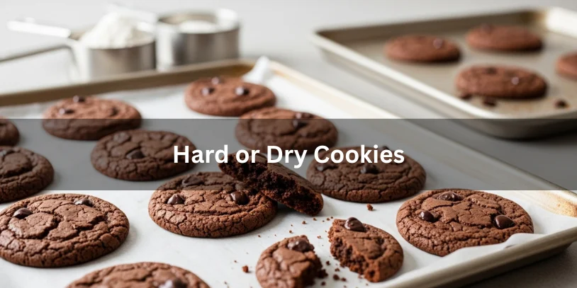 Chocolate Chip Cookie Problems – 5 Troubleshooting Guide by DreamWhip Bakers Chocolate chip cookies on a tray that are hard and dry, slightly cracked with crumbly texture, realistic food photography illustrating common hard or dry cookie problems.-chocolate chip cookie problems