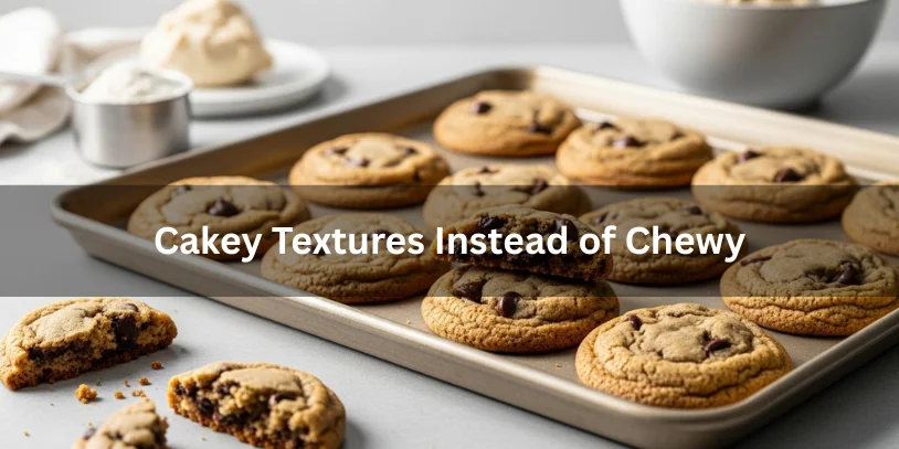 Chocolate Chip Cookie Problems – 5 Troubleshooting Guide by DreamWhip Bakers Chocolate chip cookies with thick, puffy, and soft interior showing cakey texture instead of chewy, realistic food photography illustrating why cookies become cakey rather than chewy.-chocolate chip cookie problems