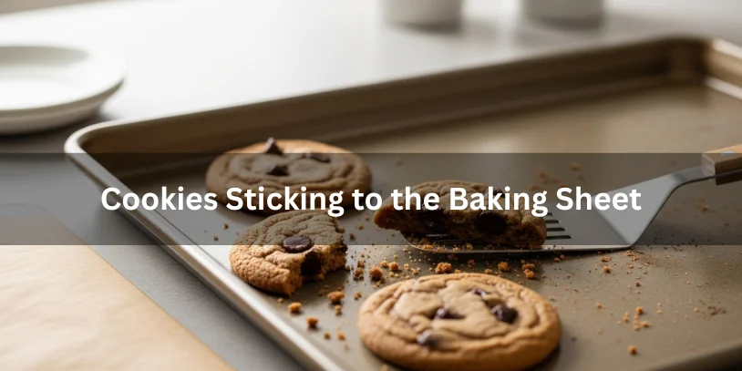 Chocolate Chip Cookie Problems – 5 Troubleshooting Guide by DreamWhip Bakers Chocolate chip cookies partially stuck to a baking sheet with crumbs and residue visible, realistic food photography illustrating common issue of cookies sticking to the baking sheet.-chocolate chip cookie problems