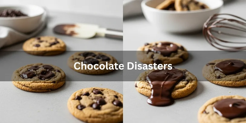 Chocolate Chip Cookie Problems – 5 Troubleshooting Guide by DreamWhip Bakers Chocolate chip cookies and baked goods showing unevenly melted, burned, or pooled chocolate, realistic food photography illustrating common chocolate disasters in baking-chocolate chip cookie problems