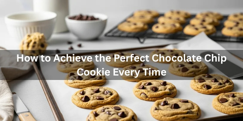 Chocolate Chip Cookie Problems – 5 Troubleshooting Guide by DreamWhip Bakers Perfectly baked chocolate chip cookies with golden edges and soft centers on parchment paper with melted chocolate chips, realistic food photography showing how to achieve the perfect chocolate chip cookie every time.-chocolate chip cookie problems