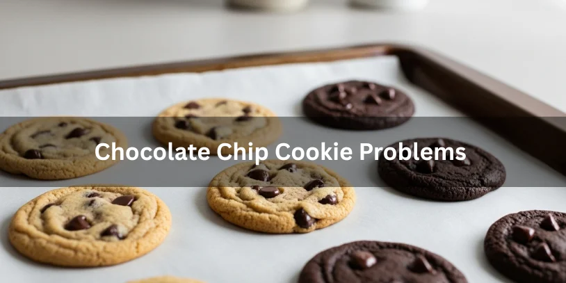 Chocolate Chip Cookie Problems – 5 Troubleshooting Guide by DreamWhip Bakers Chocolate chip cookies on a baking tray showing common problems like spreading too thin, underbaked centers, burnt edges, and uneven chocolate chips, realistic food photography illustrating chocolate chip cookie baking issues.-chocolate chip cookie problems