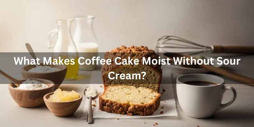 A freshly sliced coffee cake on parchment is surrounded by bowls of ingredients like yogurt and butter, a whisk, and coffee. Text overlay asks about making moist cake without sour cream.