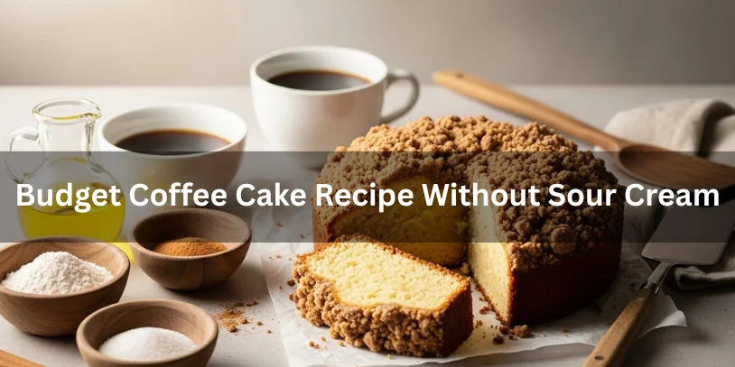 Cozy kitchen scene with a crumb-topped coffee cake sliced and surrounded by ingredients like flour, sugar, and cinnamon. Two cups of coffee add warmth.