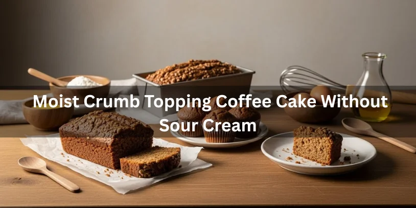 Coffee cakes and muffins on a wooden table, surrounded by baking items like eggs, a whisk, and oil. Text reads “Moist Crumb Topping Coffee Cake Without Sour Cream.