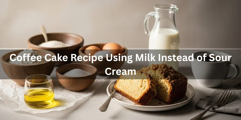 Ingredients for coffee cake, including flour, eggs, milk, oil, and sugar, arranged on a table. A baked coffee cake slice is in the foreground.-coffee cake recipe without sour cream 