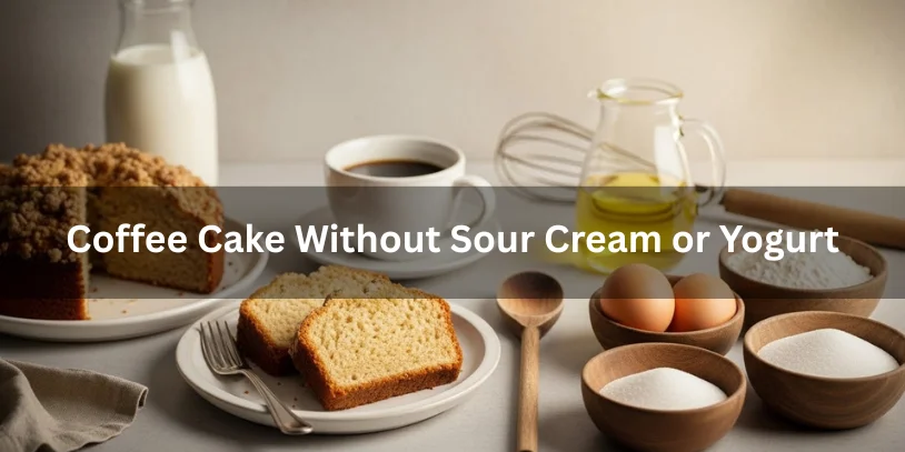 Slices of coffee cake on a plate with a mug of coffee, milk, and baking ingredients on a table. Text overlay reads: "Coffee Cake Without Sour Cream or Yogurt-coffee cake recipe without sour cream 