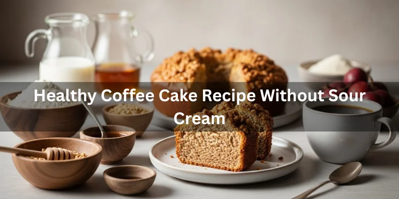A cozy setup featuring a sliced coffee cake on a plate, surrounded by baking ingredients like flour, milk, and eggs. The mood is warm and inviting.-coffee cake recipe without sour cream 