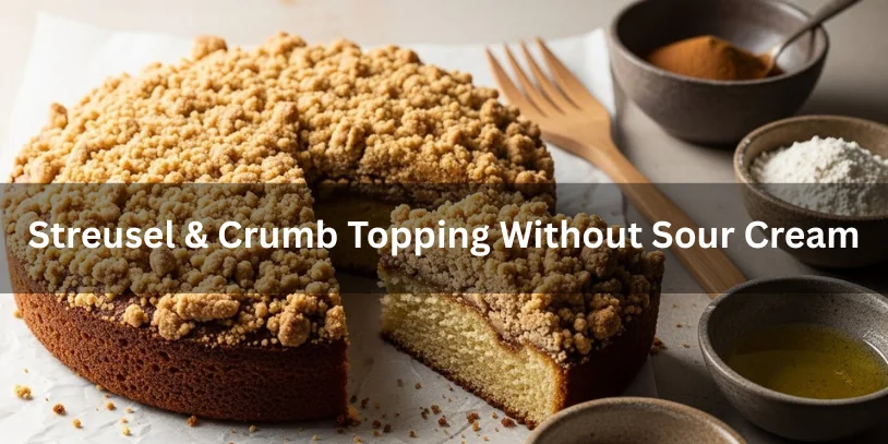 A crumb cake with a missing slice is topped with a golden streusel. Surrounding it are small bowls of cinnamon, flour, and oil on a light surface.
