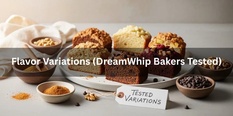 A variety of sliced breads with different toppings on a wooden board. Surrounding bowls contain nuts, cocoa, and spices. Tag reads "Tested Variations." Cozy atmosphere.-coffee cake recipe without sour cream 