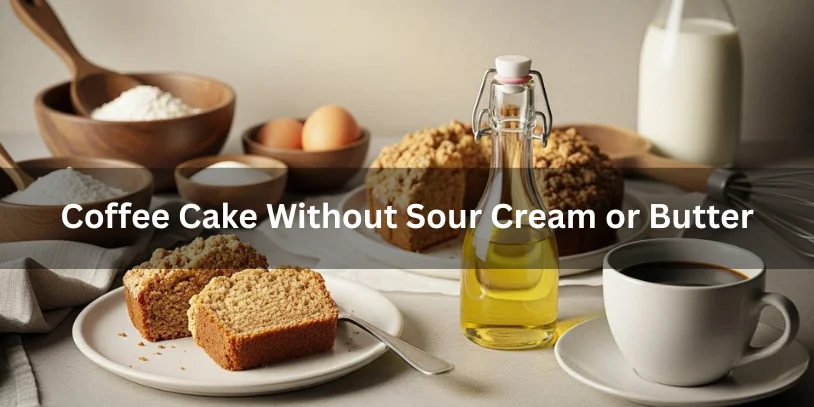 A sliced coffee cake on a white plate with a fork sits beside a cup of coffee. Ingredients like milk, eggs, and oil are in the background. Text overlay reads, "Coffee Cake Without Sour Cream or Butter."