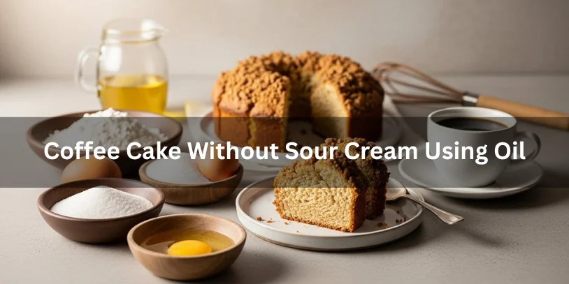 A coffee cake topped with streusel is on a plate, alongside ingredients like flour, sugar, eggs, and oil. A cup of coffee and a whisk are nearby.-coffee cake recipe without sour cream 