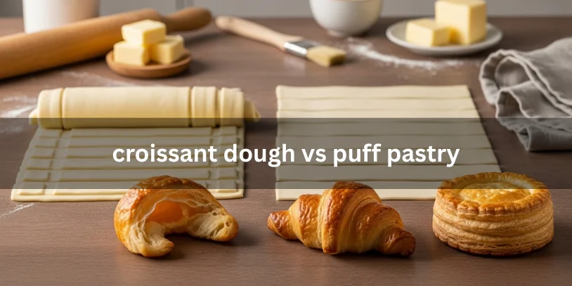 Comparison of cross-dough and puff pastry, showcasing their textures and layers side by side on a wooden surface.-croissant dough vs puff pastry