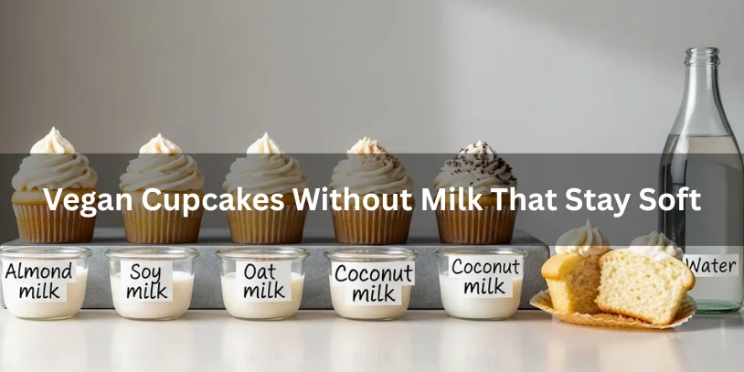 Six frosted vegan cupcakes, each labeled with different non-dairy milks: almond, soy, oat, coconut, and water. A cut cupcake and a water bottle on the right.-cup cake recipe without milk