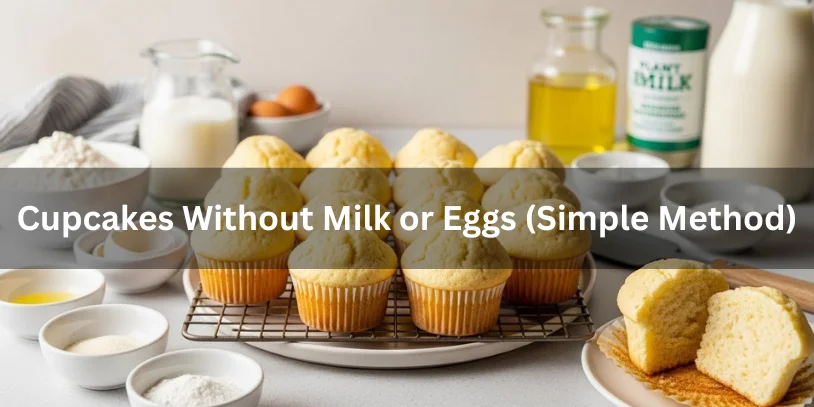 A batch of golden cupcakes sits on a cooling rack, surrounded by baking ingredients like flour, oil, and plant milk, suggesting an egg-free and dairy-free recipe.-cup cake recipe without milk 