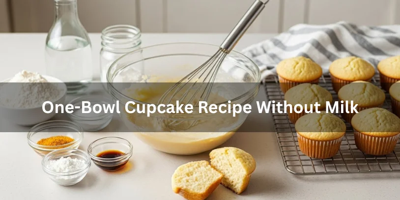 A kitchen counter with baking ingredients, including flour, vanilla, and a glass bowl with batter. Freshly baked cupcakes cool on a wire rack nearby.-cup cake recipe without milk 