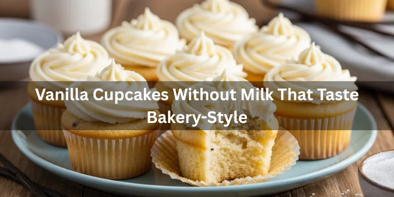A plate of vanilla cupcakes topped with swirled frosting is arranged neatly. One cupcake has a bite taken out, showing a fluffy interior. The mood is inviting.-cup cake recipe without milk
