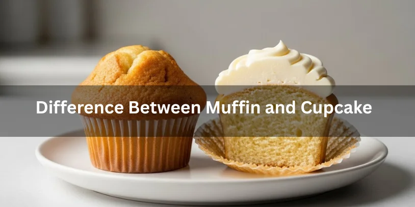 Difference Between Muffin and Cupcake: Key Baking Differences You Should Know “Muffin and cupcake placed side by side, one plain muffin and one frosted cupcake, with a cut section showing crumb texture differences, realistic food photography illustrating the difference between muffins and cupcakes.”-difference between muffin and cupcake