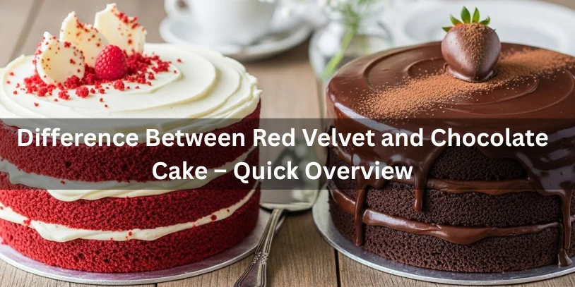 Two cakes on a table: a red velvet cake with cream cheese frosting and raspberries, and a chocolate cake with chocolate glaze and a strawberry.-difference between red velvet and chocolate 