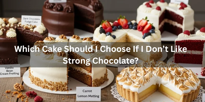 A selection of cakes on a table, including vanilla bean, carrot lemon, and decorated cakes with berries. Text asks for a cake recommendation without strong chocolate.-difference between red velvet and chocolate 