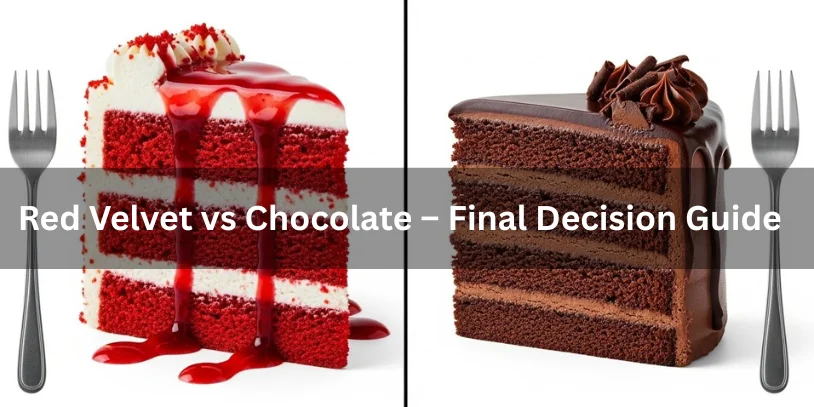 Two slices of cake: red velvet with white frosting and red sauce on the left, chocolate cake with chocolate frosting on the right. Text reads "Red Velvet vs Chocolate – Final Decision Guide."-difference between red velvet and chocolate 