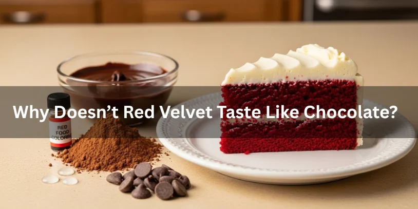A slice of red velvet cake with creamy frosting on a white plate is next to chocolate chips, cocoa powder, red food coloring, and a bowl of melted chocolate. Text overlay reads, "Why Doesn’t Red Velvet Taste Like Chocolate?" The scene is warm and inviting.-difference between red velvet and chocolate 
