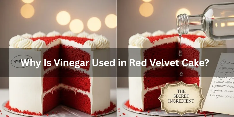 Image of a red velvet cake with white frosting, divided into two sections. Text overlay reads "Why Is Vinegar Used in Red Velvet Cake?" A bottle pours vinegar into the cake on the right side, with a note titled "The Secret Ingredient," creating a curious and intriguing mood.-difference between red velvet and chocolate 