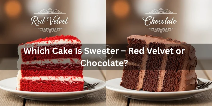 Slices of red velvet and chocolate cake on plates are side by side on a wooden table with text, "Which Cake Is Sweeter – Red Velvet or Chocolate?"-difference between red velvet and chocolate 