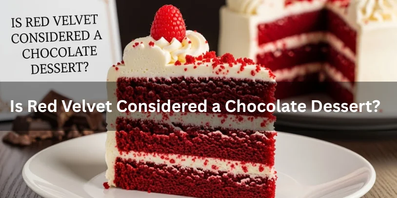 A slice of red velvet cake with cream cheese frosting and a raspberry on top sits on a white plate. The image asks if red velvet is a chocolate dessert.-difference between red velvet and chocolate 