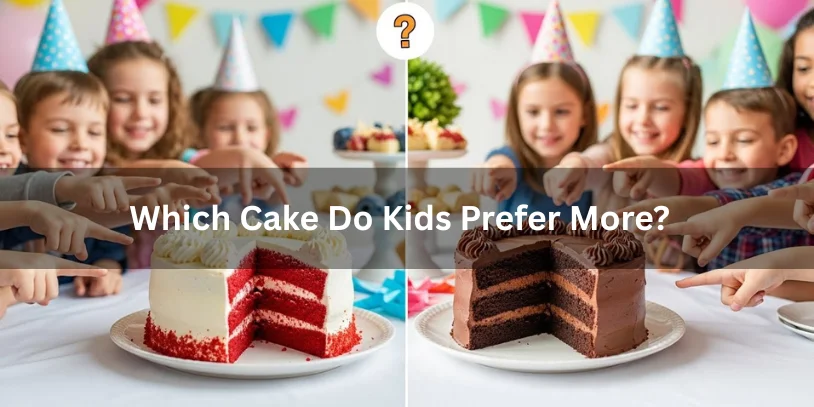 Children in party hats excitedly point to two cakes: a red velvet with white icing on the left and a chocolate cake on the right. Text reads "Which Cake Do Kids Prefer More?" Balloons and a festive background add to the celebratory mood.-difference between red velvet and chocolate 
