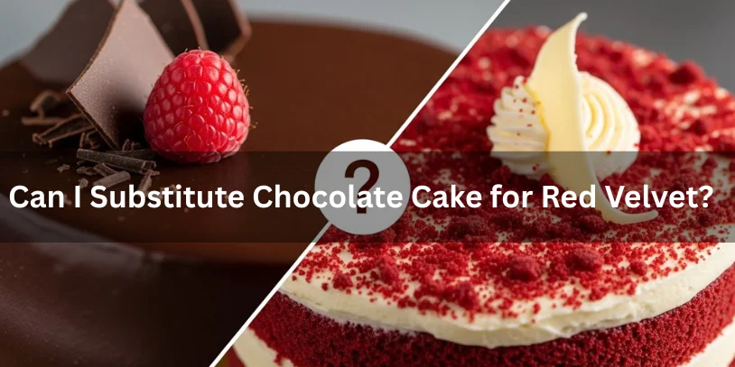 Split image of a rich chocolate cake with a raspberry and chocolate shavings on the left, and a red velvet cake with cream and red crumbs on the right. Text reads: "Can I Substitute Chocolate Cake for Red Velvet?"-difference between red velvet and chocolate 