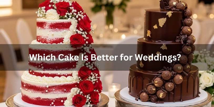 Two elegant wedding cakes, one red velvet with red roses, the other chocolate with gold accents. Text overlay asks, "Which Cake Is Better for Weddings?"-difference between red velvet and chocolate 