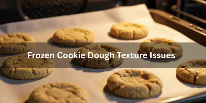 How Long to Cook Frozen Cookie Dough Explained (Time, Temp & Pro Tips) A realistic, high-quality food photography image showing frozen cookie dough with visible texture issues: some cookies spreading too much, others cracked or underbaked in the center. Cookies on a parchment-lined baking tray, some golden and some uneven. Oven in the background with warm natural lighting, shallow depth of field. Educational and troubleshooting mood for a baking guide article. No people, no text overlay. Clean composition, ultra-detailed textures, natural colors, 16:9 aspect ratio.-how long to cook frozen cookie dough